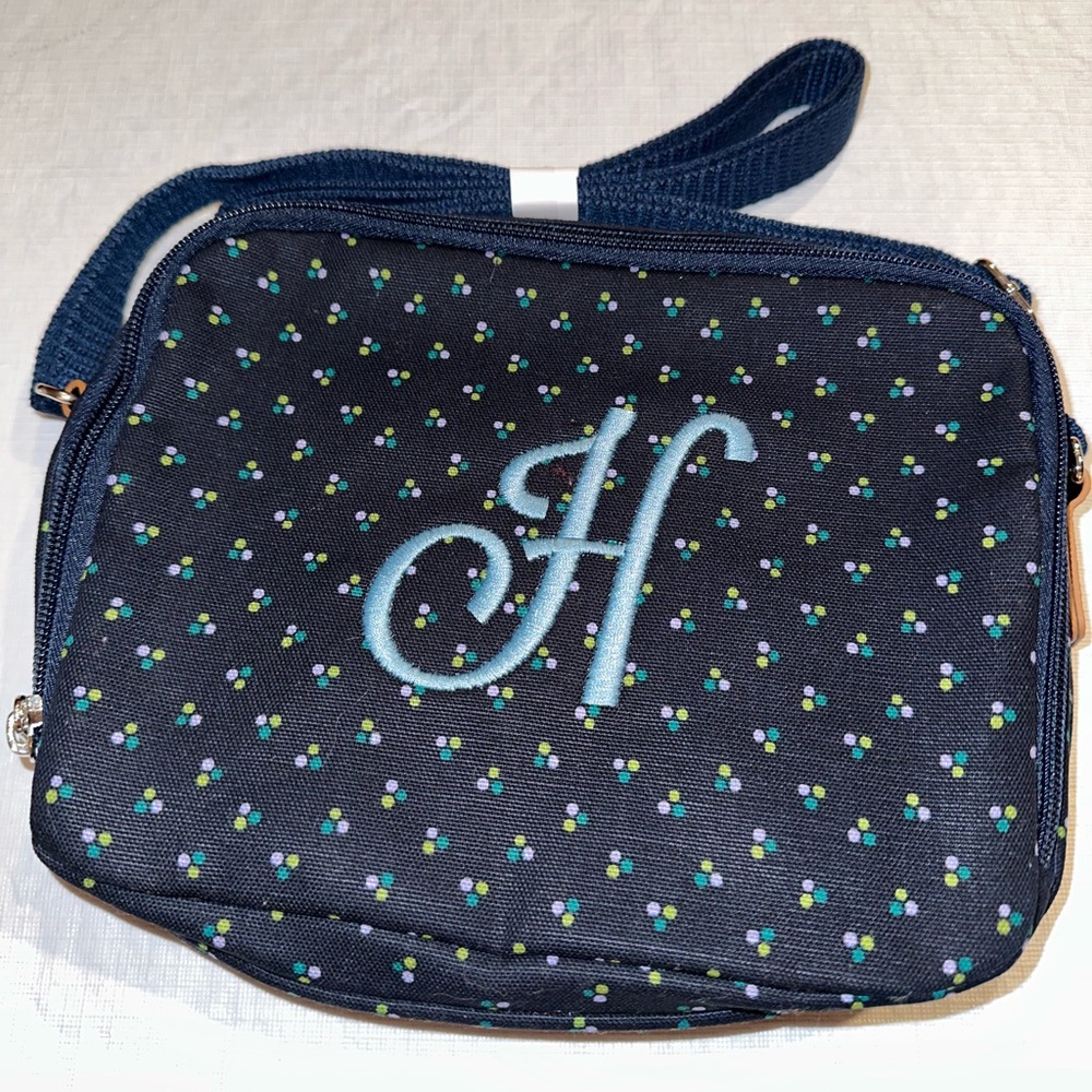 NWOT Thirty-one Double Zip Crossbody - Dot Trio with H on the front.